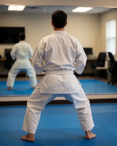 Instructeur de karate en posture d'entrainement, gi blanc et tapis bleus visibles, dans un dojo avec miroir.