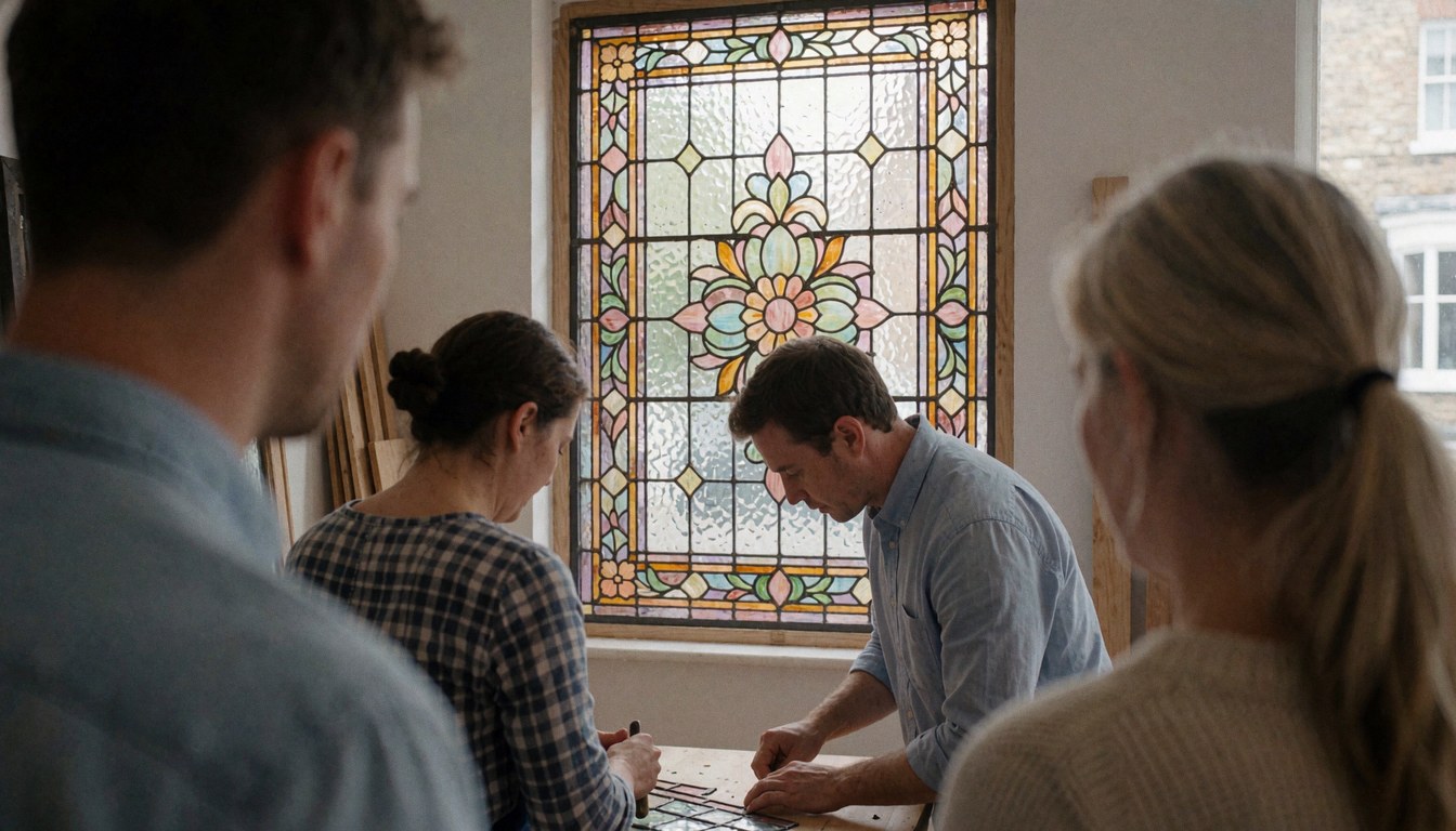Artiste concevant un vitrail floral dans un atelier, avec des clients observant le processus de création artisanale de la verrerie décorative.