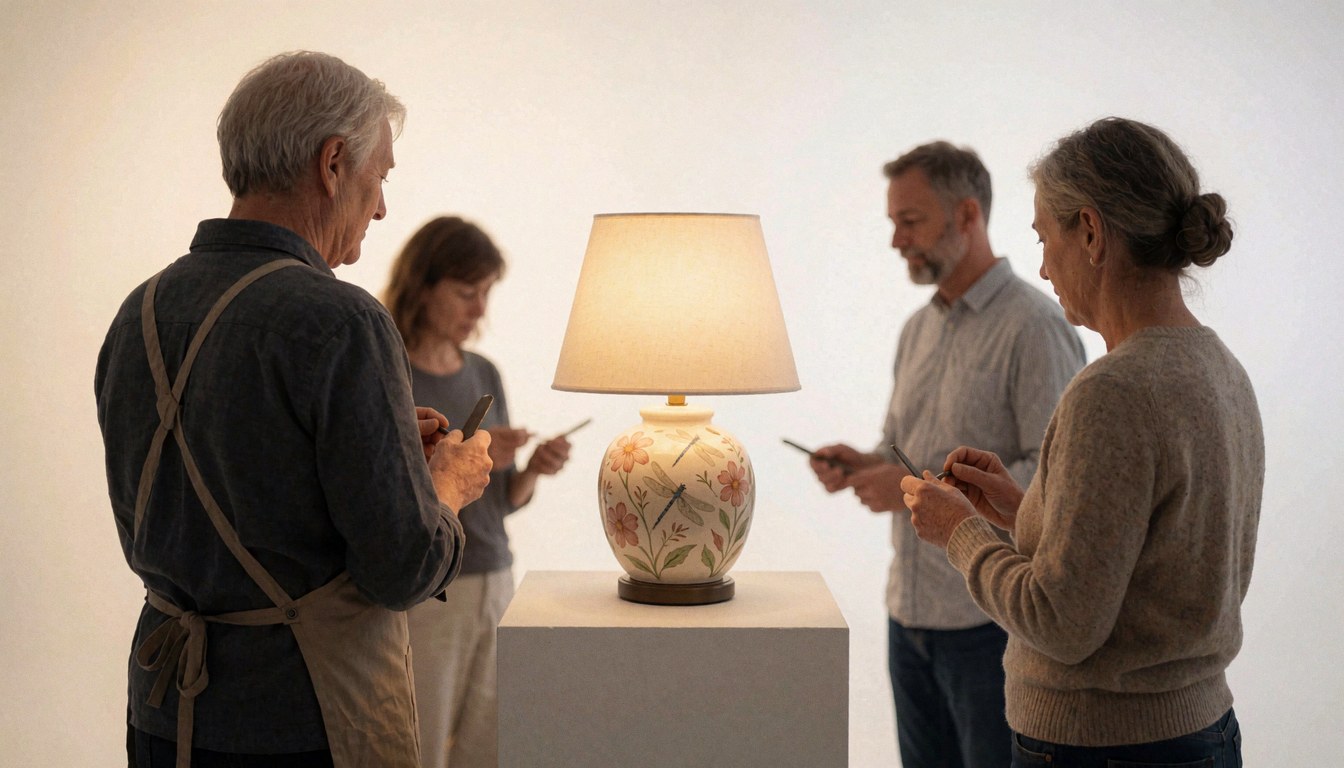Lampe décorative avec motifs floraux et libellule posée sur un socle blanc dans un magasin de verre.