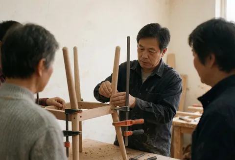 Un menuisier ajuste une chaise en bois avec des serre-joints pendant que trois personnes observent dans un atelier.