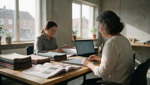 Deux professionnels dans un bureau de tapis travaillent avec des échantillons de tissu, des catalogues et un ordinateur portable, dans un espace lumineux avec des murs en béton.