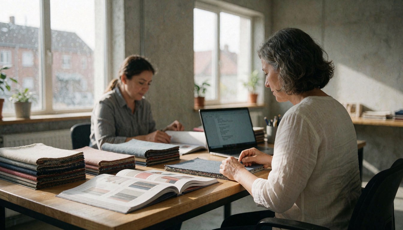Deux professionnels dans un bureau de tapis travaillent avec des échantillons de tissu, des catalogues et un ordinateur portable, dans un espace lumineux avec des murs en béton.