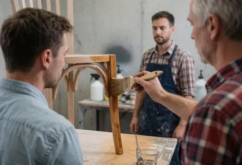 Trois artisans appliquent du vernis sur une chaise en bois dans un atelier aux murs de béton, illustrant un service de réparation de meubles en cours.
