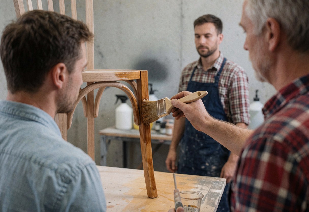 Trois artisans appliquent du vernis sur une chaise en bois dans un atelier aux murs de béton, illustrant un service de réparation de meubles en cours.