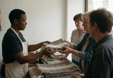 Un artisan ébéniste remet une moquette tissée à un client dans un magasin aux murs blancs et à la lumière naturelle.