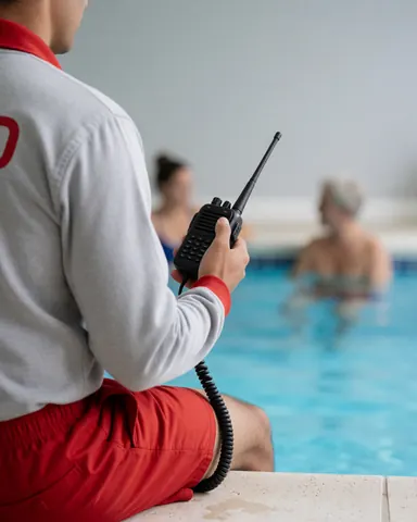 Un gardien de piscine en uniforme rouge et gris, assis sur le bord, tenant une radio et surveillant les nageurs dans une piscine intérieure aux murs gris.