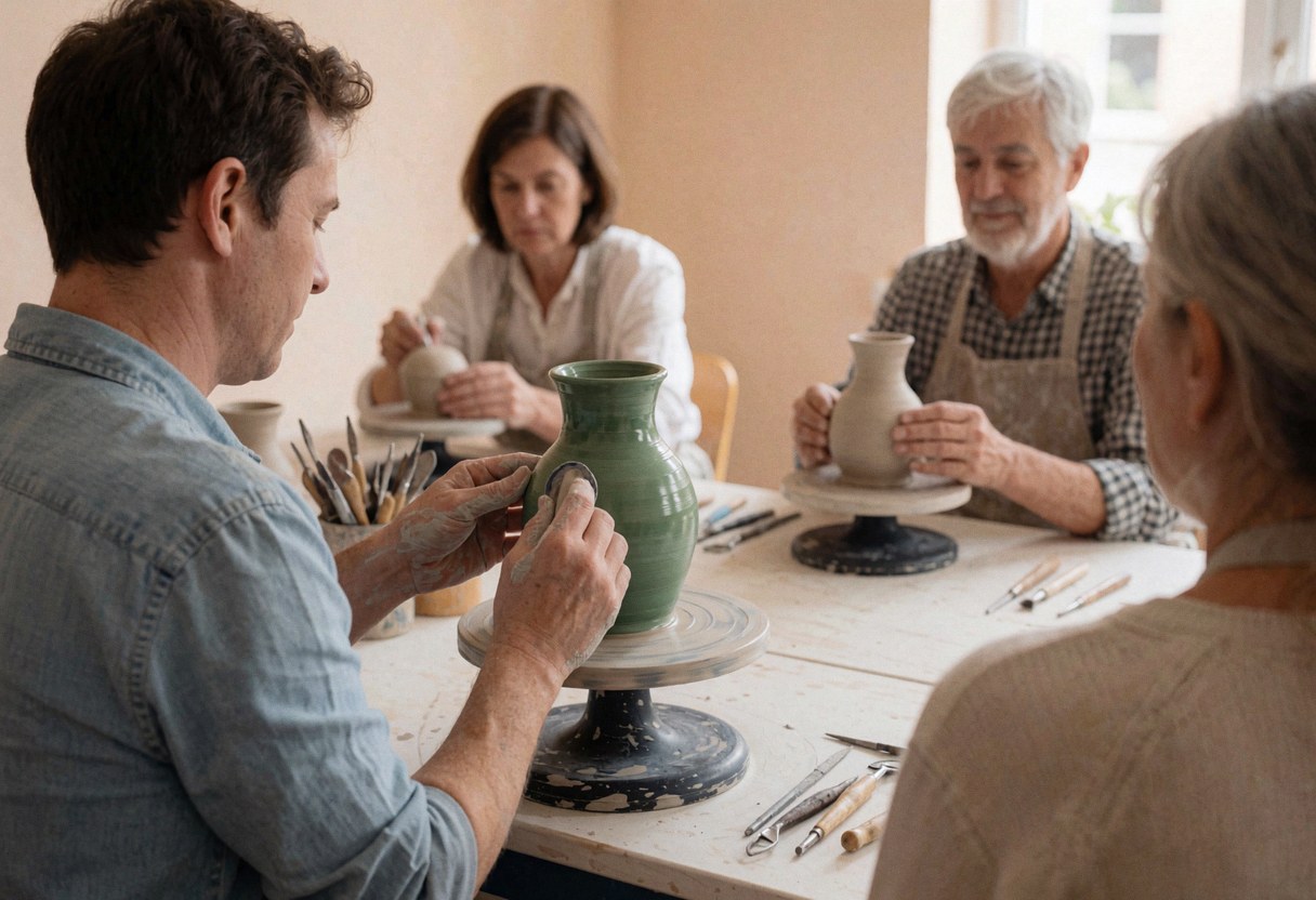 Artisan travaillant au tour de potier, estampant le fond d'un verre vert dans un atelier de céramique aux murs beiges avec des outils visibles.