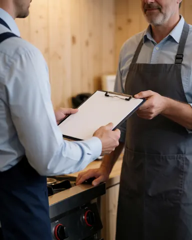 Un technicien en réparation d'appareils électroménagers remet un document à un client dans une cuisine aux murs en bois.