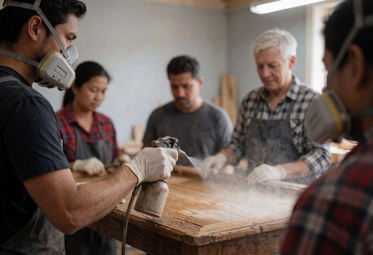 Un menuisier équipé d'un masque et de gants applique un produit de préservation sur une table en bois dans un atelier pendant que d'autres ouvriers observent.