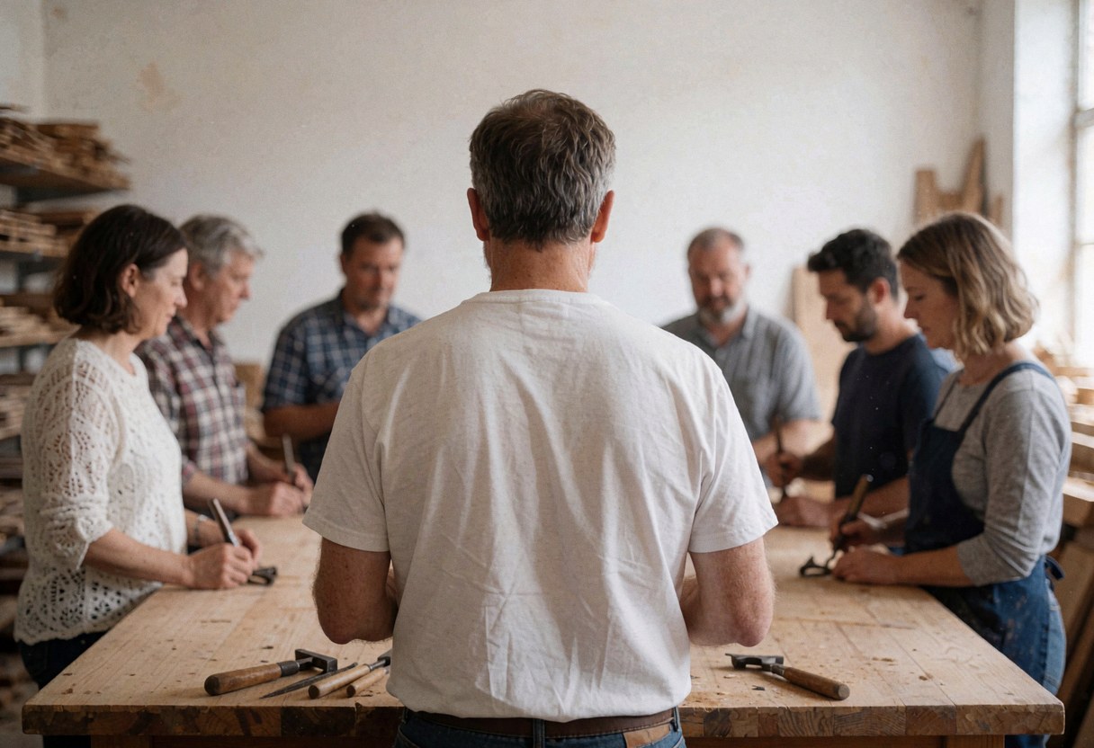 Un menuisier explique des techniques à un groupe d'adultes dans un atelier, entouré d'outils et de planches de bois sur une grande table.