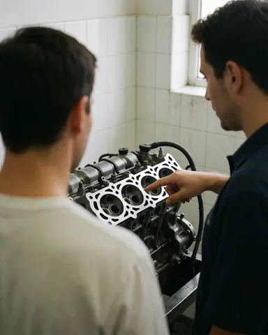Mécanicien expliquant les détails du moteur de moto réparé à un client dans un atelier aux murs carrelés de blanc.