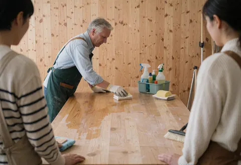 Un homme portant des gants nettoie une table en bois avec des produits de nettoyage, dans un environnement aux murs en bois, illustrant un service de réparation de meubles en action.