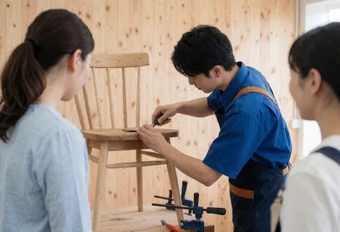 Un menuisier travaille dans un atelier aux murs en bois, réparant une chaise à l'aide de serre-joints pendant que deux clients observent la prestation de service de réparation de meubles.