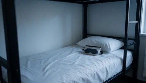 Lit superposé dans un auberge de jeunesse avec draps blancs et un masque de repos posé sur le matelas, éclairé par une lumière bleue apaisante.