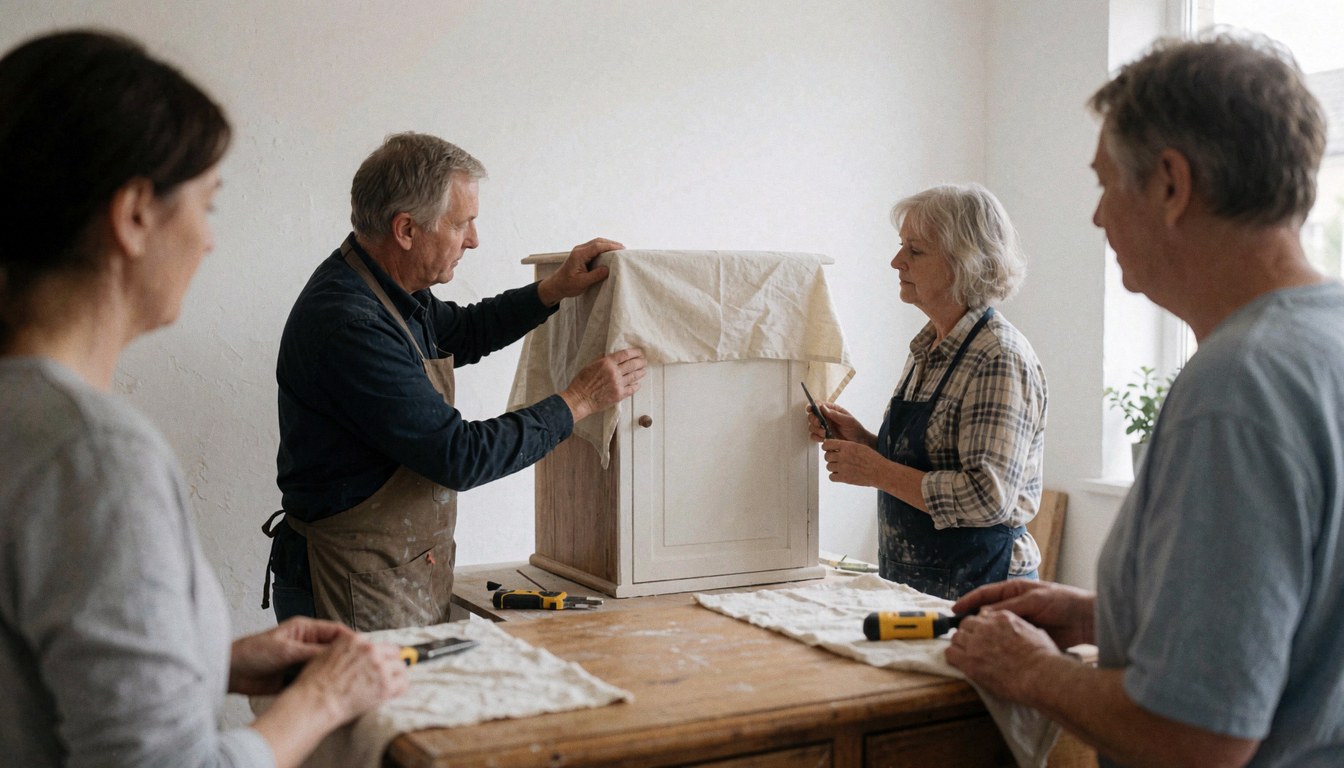 Un menuisier recouvre un meuble restauré avec une toile protectrice dans un atelier aux murs blancs, entouré d'outils.