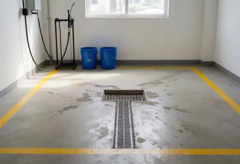Intérieur d'un atelier de réparation de motos avec robinets, seaux bleus, sol en béton et lignes jaunes de drainage.