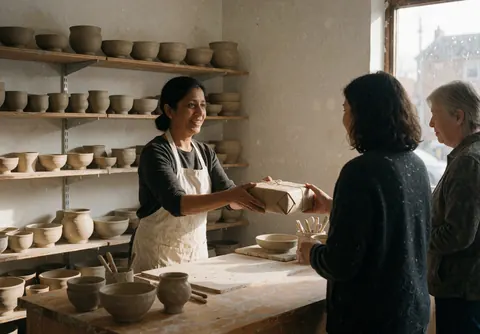 Une vendeuse de céramique remet un colis à un client dans un atelier rempli d'étagères de céramique et baigné de lumière naturelle.