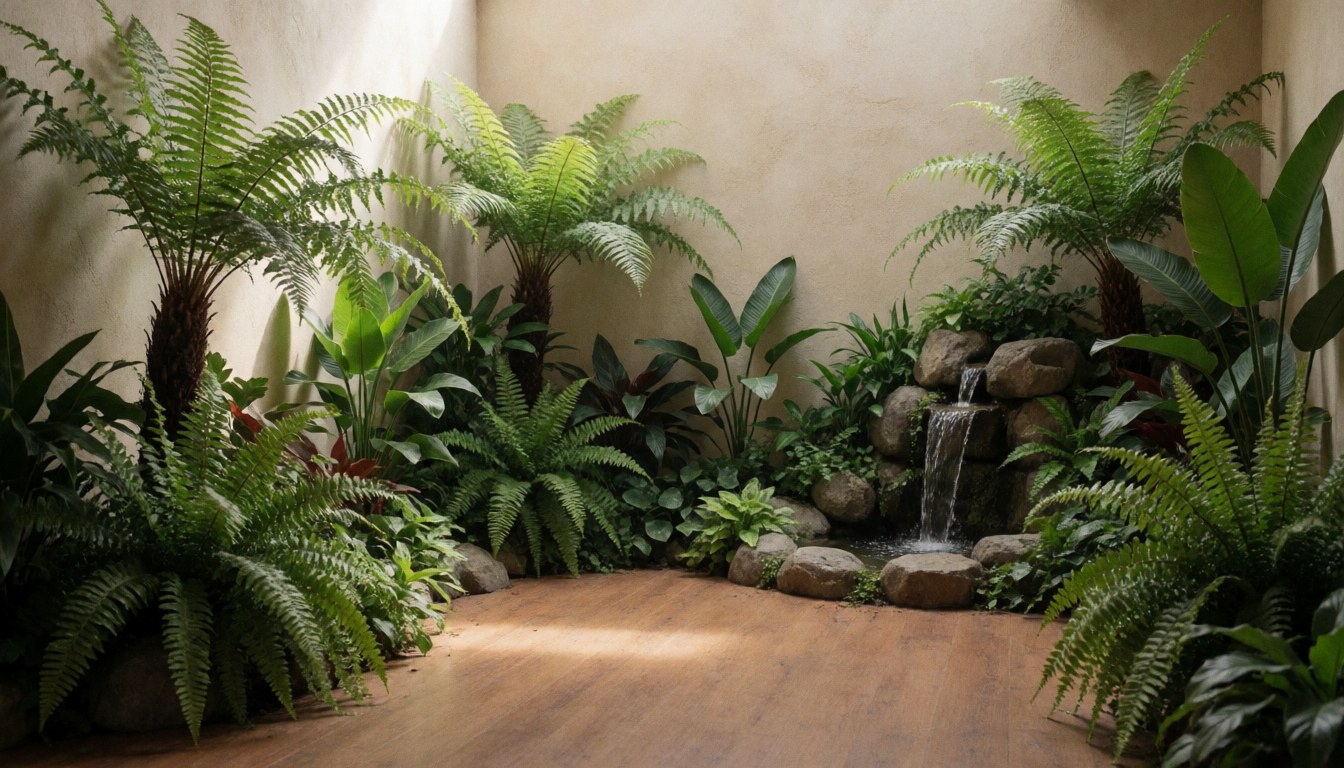 Jardin intérieur avec cascade en pierre, plantes tropicales, murs en stuc beige et sol en bois, idéal pour un massage ayurvédique.