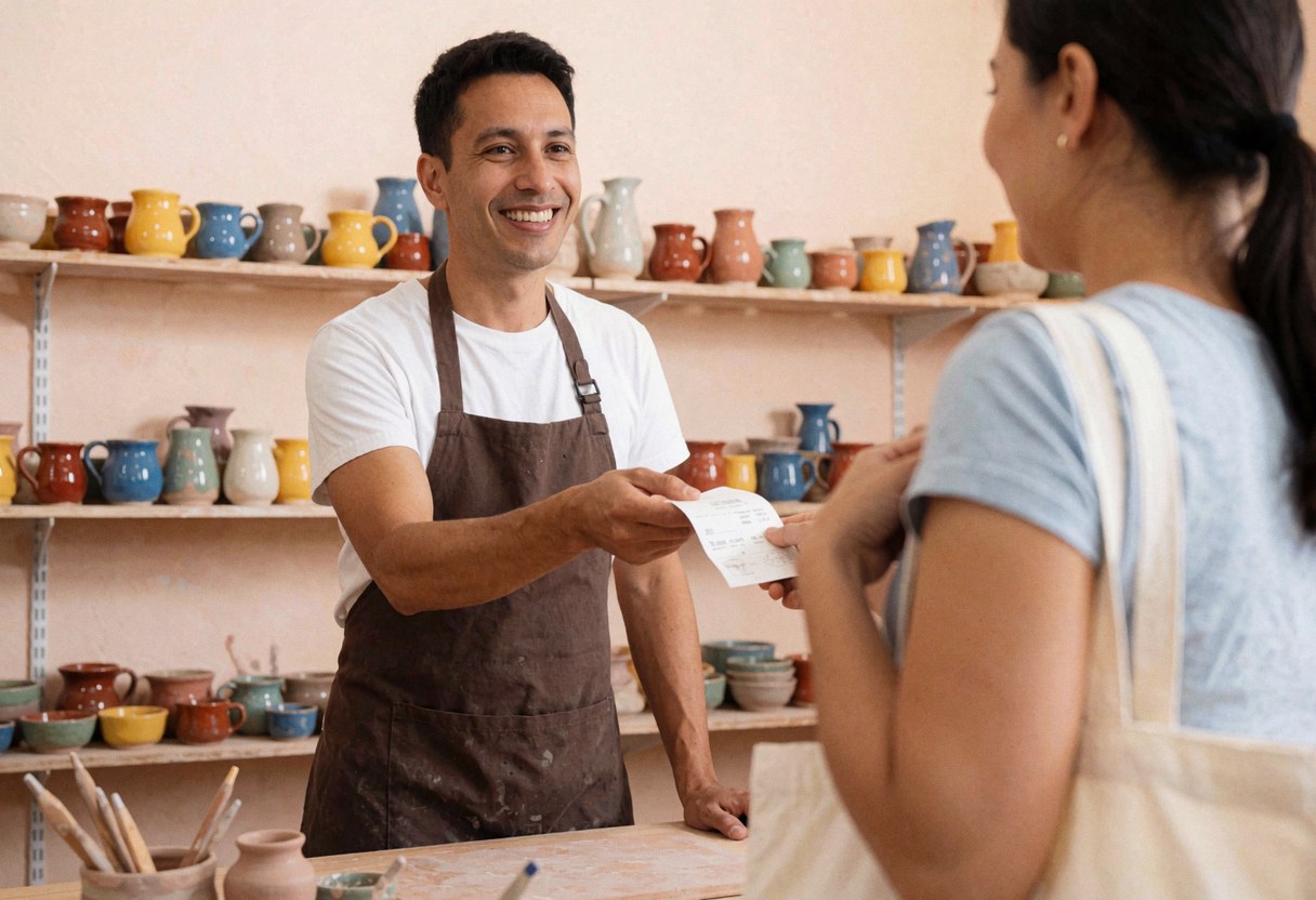 Un vendeur souriant remet un reçu à un client tenant une pochette en toile, devant des étagères remplies de céramiques colorées dans un atelier artisanal.