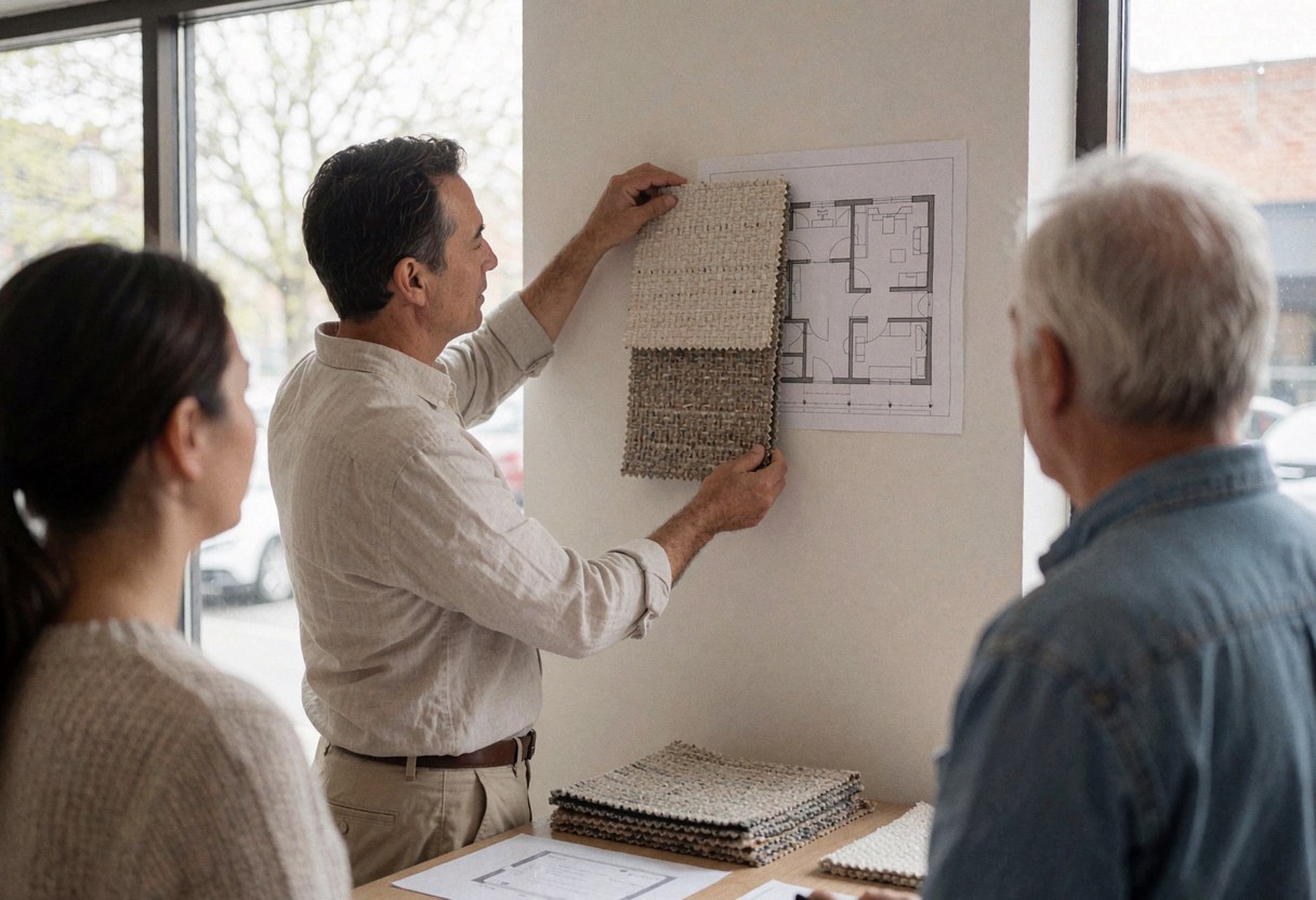 Un consultant examine des échantillons de tapis en les comparant à un plan de sol dans un showroom de textiles tissés, éclairé par la lumière naturelle et doté d'un mur blanc.