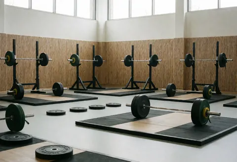 Espace de training avec racks à haltères, barres et disques sur des tapis, murs en bois et lumière naturelle.