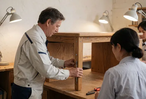 Un menuisier ajuste les pieds d'une table en bois dans un atelier éclairé tandis qu'une femme observe la réparation des meubles.