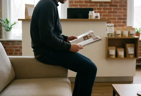 Un homme lit un magazine assis sur le bord d'un canapé beige dans un établissement avec des murs en briques rouges, une réception et des étagères de produits.