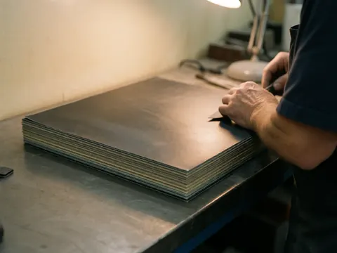 Main d'adulte découpant des feuilles métalliques sur une table de travail sous un éclairage de bureau, avec un mur beige en arrière-plan dans un atelier industriel.