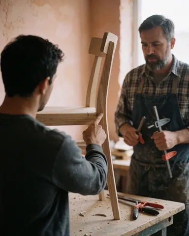Un client vérifie une chaise en bois réparée avec un menuisier dans un atelier bien éclairé aux murs clairs et aux outils visibles.