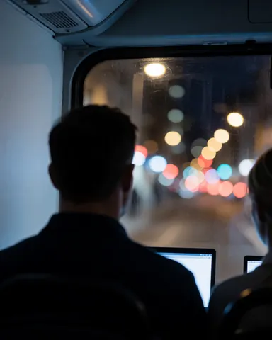 Deux passagers dans un bus de tourisme la nuit, regardant les lumières floues de la ville à travers la fenêtre, ambiance calme et moderne.