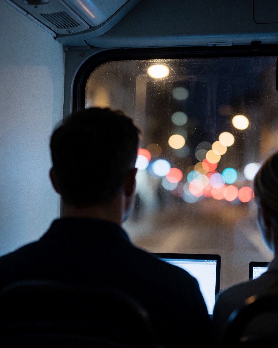 Deux passagers dans un bus de tourisme la nuit, regardant les lumières floues de la ville à travers la fenêtre, ambiance calme et moderne.