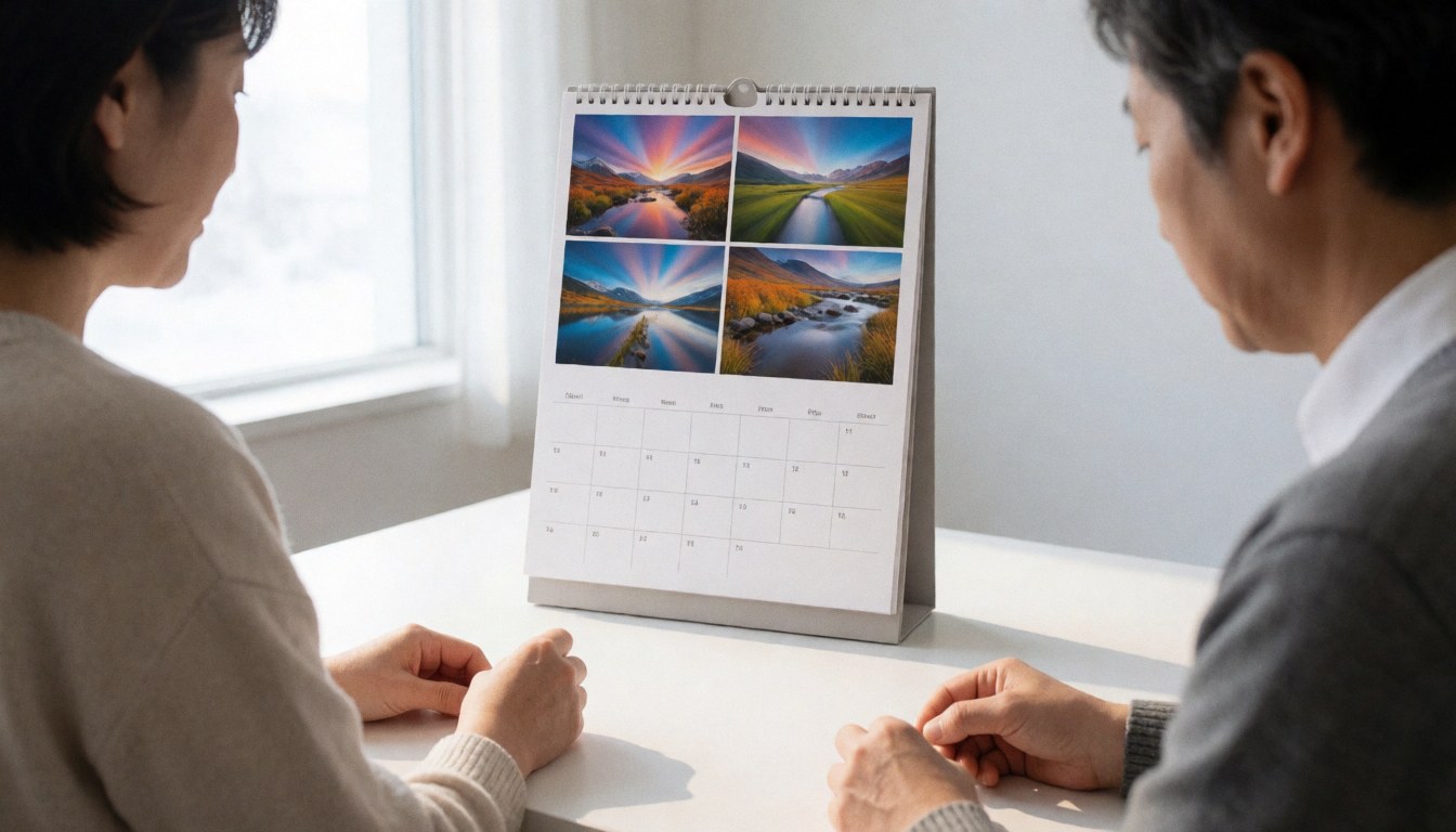 Deux collaborateurs examinent un calendrier illustré de paysages sur une table blanche, dans un bureau moderne éclairé par la lumière naturelle d'une fenêtre