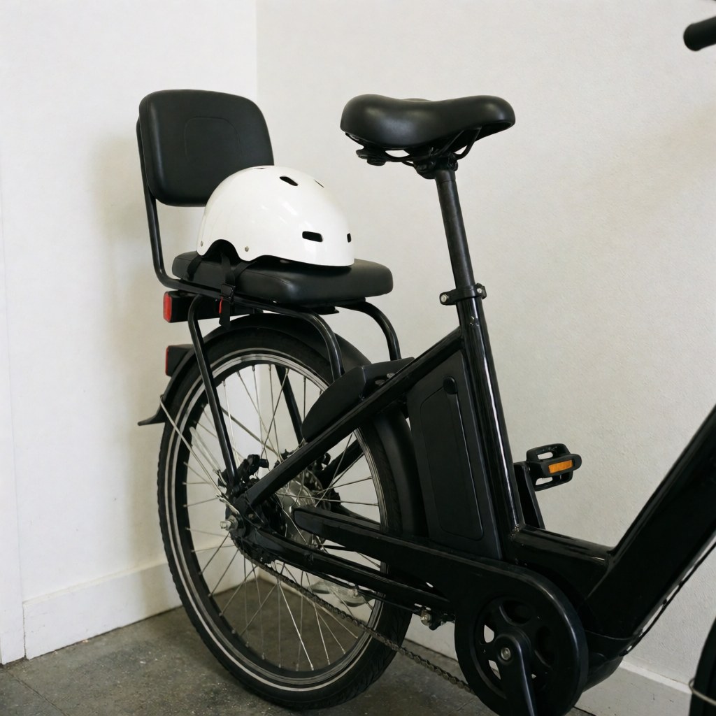 Vélo électrique de taxi noir avec siège passager et casque blanc, appuyé contre un mur blanc, prêt pour le service.