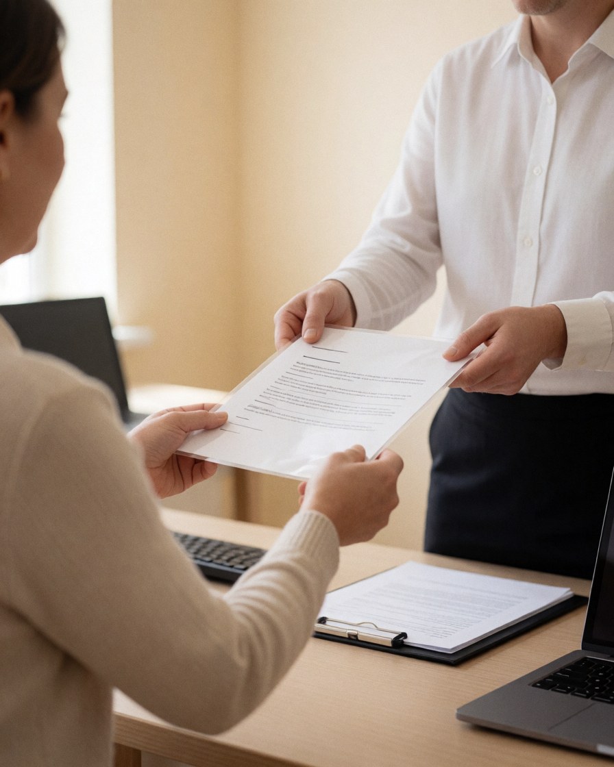 Une cliente reçoit un document plastifié des mains d'un employé dans un bureau moderne avec des murs clairs et un ordinateur portable sur le bureau.
