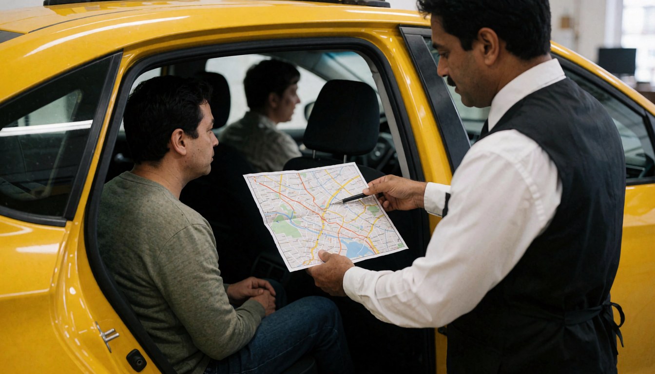 Un chauffeur de taxi jaune indique un itinéraire sur une carte à un client assis à l'arrière du véhicule par temps ensoleillé.