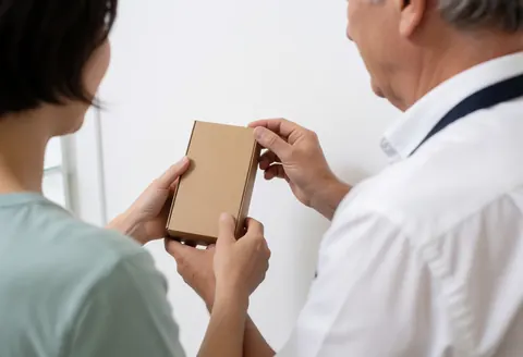 Un professionnel remet une boîte en carton à un client dans un studio au mur blanc, illustrant un service en cours.