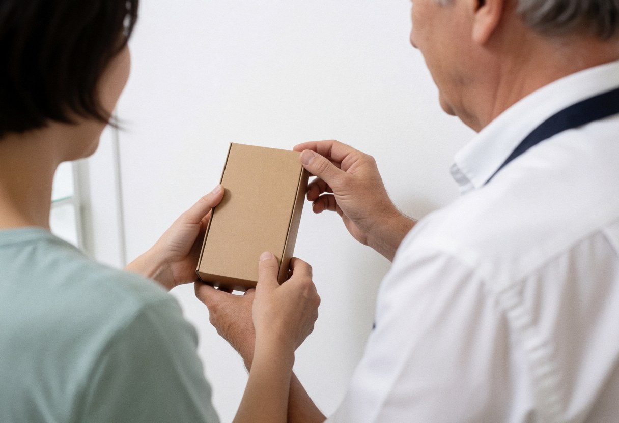 Un professionnel remet une boîte en carton à un client dans un studio au mur blanc, illustrant un service en cours.