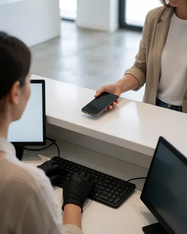 Une cliente pose son téléphone portable sur un comptoir blanc pendant qu'un employé aux gants noirs travaille sur un ordinateur, dans un cadre moderne et épuré.