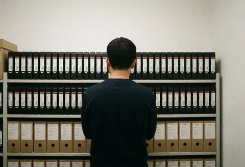 Vue arrière d'une personne debout devant une étagère remplie de classeurs et de dossiers sur fond blanc avec lumière naturelle, idéal pour l'archivage ou l'administration.