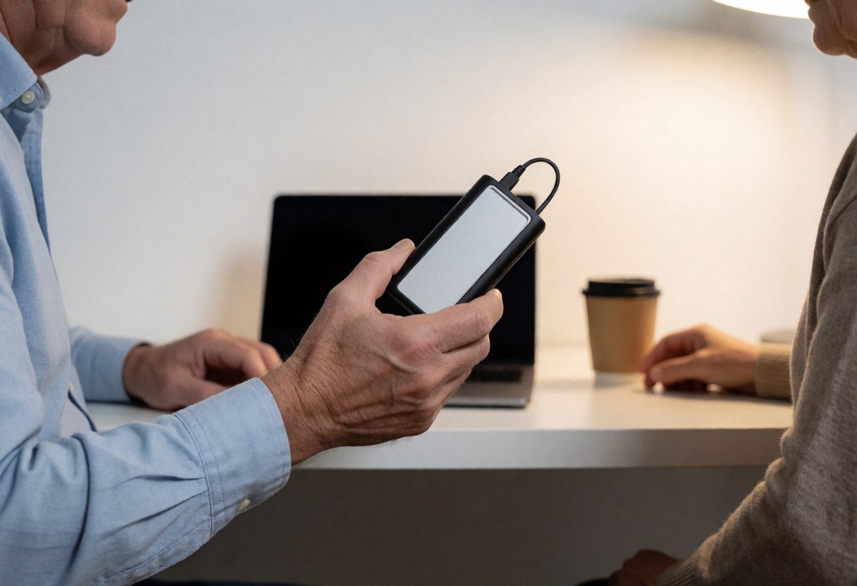 Une main tient un disque dur externe relié par câble, dans un bureau avec un ordinateur portable et une tasse de café, évoquant un transfert de données.