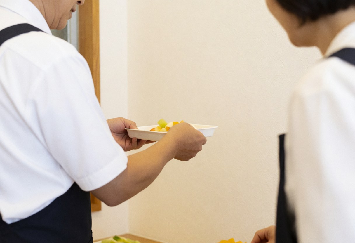 Un travailleur en uniforme et tablier sert des fruits frais dans un intérieur aux murs clairs, illustrant un service en action.