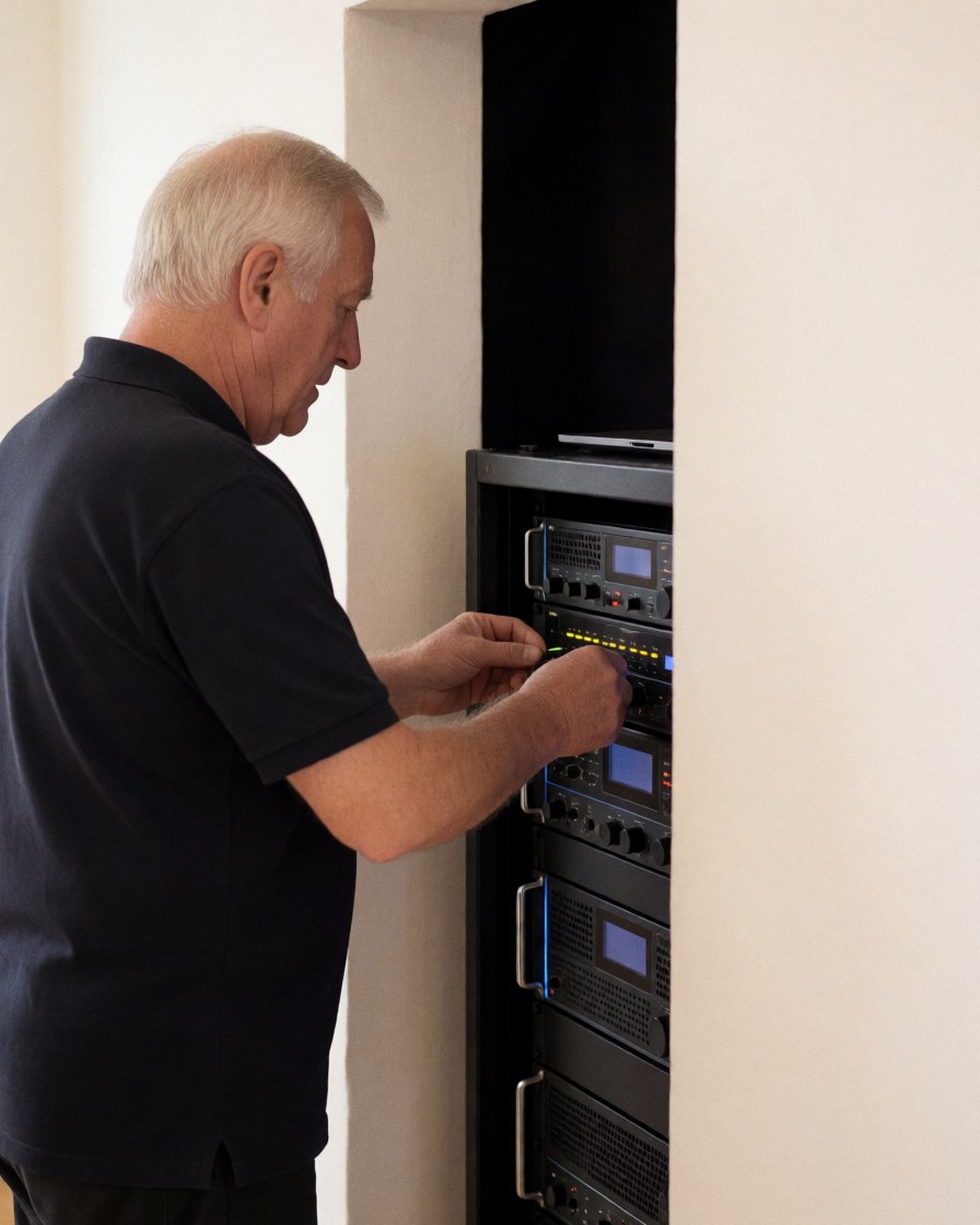 Un technicien ajuste les niveaux des amplificateurs dans un rack professionnel sur fond blanc, idéal pour la sonorisation d'événements.
