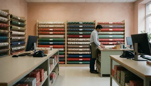 Un employé prépare du papier cadeau dans une boutique, entouré d'étagères avec des rouleaux colorés et des boîtes cadeaux, sur un fond de murs en plâtre terracotta.