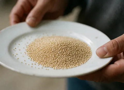 Mains présentant de la quinoa dorée dans une assiette blanche, produit naturel pour les entreprises alimentaires saines.