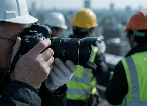 Photographe professionnel avec un casque et un gilet de sécurité ajuste la mise au point de son appareil photo sur un chantier en ville.