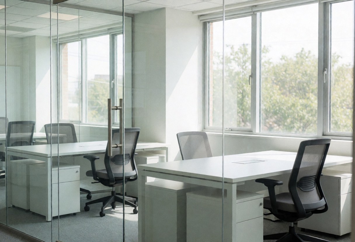 Espace de travail vide avec tables blanches, chaises noires et grandes fenêtres laissant entrer la lumière naturelle.