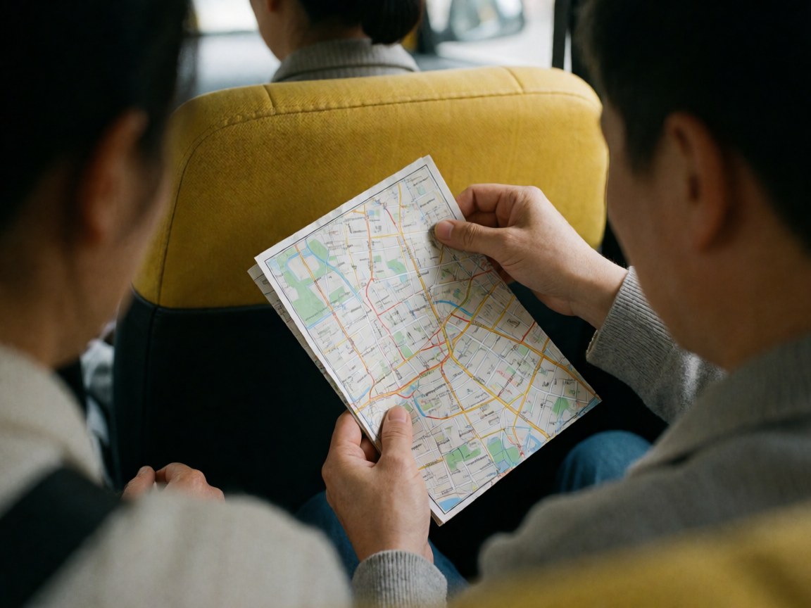 Deux personnes dans un taxi consultent une carte urbaine, avec un siège jaune visible, scène réaliste pour les services de transport.