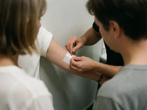 Une personne applique un pansement adhésif sur une blessure au bras d'un patient dans une clinique aux murs gris clair.