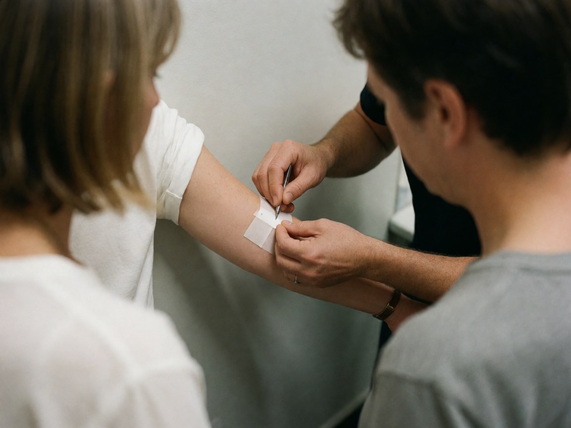 Une personne applique un pansement adhésif sur une blessure au bras d'un patient dans une clinique aux murs gris clair.