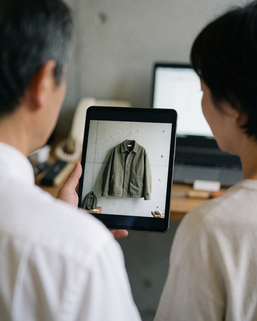 Une cliente consulte l'image d'une veste sur une tablette dans un studio avec un mur en béton.